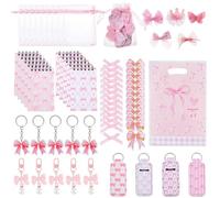 DICOSMETIC Lot de 130 nœuds roses pour cadeaux de fête avec nœuds, pinces à cheveux, carnets, porte-clés, nœuds, porte-clés, sacs cadeaux, autocollants