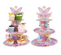 DICOSMETIC Lot de 2 présentoirs à cupcakes papillon à 3 niveaux en carton Tour à dessert Présentoir en carton Support à cupcake Thème papillon Support à gâteau pour fête d'anniversaire Fournitures de
