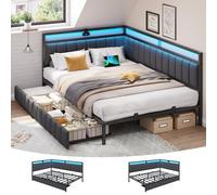 DICTAC Canapé lit 140x200 avec 2 Tiroirs et Prise USB,Cadre de Lit 140x200 avec Sommier à Lattes en métal,Lit Coffre 140 x 200 avec éclairage LED,Lits 2 Personnes en Lin,Gris Foncé-sans Matela