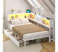 DICTAC Canapé Lit 90x190 avec Éclairage LED et Multiprise, lit Coffre avec 4 niches Ouvertes et 2 Grands Tiroirs, Lit 90x190 avec Sommier à Lattes en Métal, lit Enfant/ado avec Rangement, Blanc