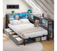 DICTAC Canapé Lit 90x200 avec éclairage LED et Prise, Lits 90x200 avec sommier en Métal, lit Banquette avec 5 Compartiments Rangement, Lits 1 Place avec 2 tiroirs, Lit Enfant LED, Gris chêne