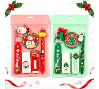dididudi Ensemble de papeterie de Noël 2 pièces pour écoliers : stylo à bille, gomme, porte-clés, broche et ruban correcteur, Père Noël, bonhomme de neige, sac de fête, rouge et vert