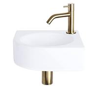 Differnz Cleo lavabo à poser 30x30x10 cm - lavabo salle de bain céramique blanc - avec robinet salle de bain en or mat - lavabo avec robinetterie courbée pour WC invités