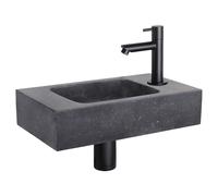 Ensemble de lavabo mural Differnz Bombai Black - Lavabo en pierre naturelle avec robinet droit noir mat pour eau froide - Inclut un bouchon de vidange et un siphon - Dimensions : 40 x 22 x 9 cm - Anth