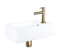 Differnz Force Vasque à poser 40x22x11,5 cm - Vasque salle de bain en céramique blanche - Avec robinet salle de bain en or mat - Vasque avec poignée standard pour WC invités