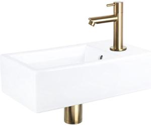 Differnz Force Vasque à poser 40x22x11,5 cm - Vasque salle de bain en céramique blanche - Avec robinet salle de bain en or mat - Vasque avec poignée standard pour WC invités
