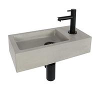 Differnz Jukon lavabo à poser 38,5x18,5x9 cm - lavabo salle de bain en béton gris clair - avec robinet salle de bain en noir mat - lavabo avec poignée standard pour WC invités
