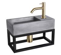 Differnz Ravo kit lave-mains - 38.5x18.5x25cm - Rectangulaire - 1 trou de robinet - Robinet courbé doré mat - avec cadre noir - béton gris foncé 38.402.14