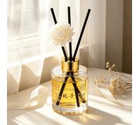 Diffuseur à tiges de rotin 120 ml au parfum de gardénia avec fleur blanche décorative, bouteille en verre transparent à bouchon doré, fragrance à base d'huile longue durée, décoration parfumée d'intér