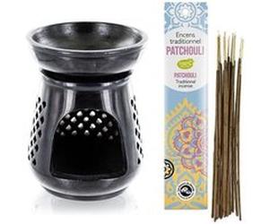 Diffuseur porte-encens Moucharabieh en pierre noire + Encens indien au Patchouli Noir G
