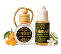 Diffuseur Voiture Clémentine Monoï + Recharge 10 ml Bakougie, Désodorisant Voiture à Suspendre, Parfum Auto Frais et Solaire, Diffuseur Parfum Voiture Rechargeable, 8 à 12 Semaines