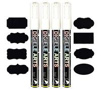 DIGIELE Marqueur Craie, Feutre Craie Liquide Blanc 3mm, Pointe Réversible Ogive Fine ou Biseau, Effaçage avec Chiffon Humide ou Sec, Pack de 4 Feutres Craie Effacable Stylo avec 16 Etiquettes