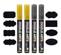 DIGIELE Marqueur Craie Or + Argent, 2pcs Marqueurs Craie Or 3mm + 2pcs Feutre Craie Liquide Argent 3mm + 16 Etiquettes Noir, Effaçage avec Chiffon Humide ou Sec, Pointe Réversible Ogive ou Biseau