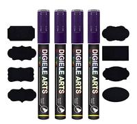 DIGIELE Marqueur Craie Violet, 4pcs Feutre Craie Liquide Violet 3mm + 16 Etiquettes Tableau, Effaçage par Chiffon Humide ou Sec, Pointe Réversible Ogive ou Biseau Marqueurs pour Tableau/Fenêtre/Verre