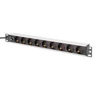 Barre d'alimentation PDU Rack 19" avec fusible de surcharge, 9 prises Schuko CEE 7/3 (45°), câble de 2m, fiche IEC C14, 10A, aluminium