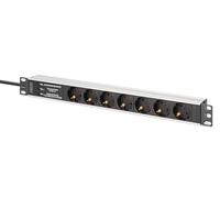 Barre d'alimentation PDU Rack 19" avec protection contre les surtensions + filtre EMI/RFI, 7 prises Schuko CEE 7/3 (45°), câble de 2m, fiche Unischuko CEE 7/7, 16A, aluminium