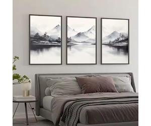 DIHANSM Triptyque d'affiches murales de montagne en noir et blanc (60 x 90 cm x 3 / Toile tendue sur châssis)