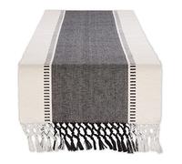 DII Dobby Chemin de Table tissé à Rayures 33 x 274,3 cm - Noir avec Franges incluses