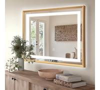 Dileci - Miroir Mural LED 70x100 cm avec Cadre en Bois - Éclairage Intégré Lumière Blanche - Bouton Tactile, Fonction Désembuage, et Bande LED Étanche - Idéal pour Salle de Bain Moderne
