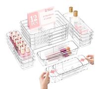 DILIBRA Lot de 12 organiseurs de tiroir extensibles transparents réglables en plastique antidérapant pour maquillage, cosmétiques, bijoux, ustensiles, papeterie, commodes