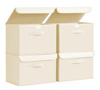 DIMJ Lot de 4 Boites de Rangement, Rangement de Vetement Pliable, Caisse de Rangement en Tissu avec Couvercles et Poignées pour Maison, Placard, Crème