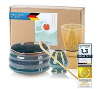Set de thé matcha Deluxe 4 pièces pour la cérémonie traditionnelle japonaise du thé – Comprend une tasse à thé, un fouet en bambou, une cuillère doseuse et un support pour fouet