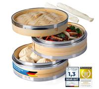 Dimono® Panier Vapeur Bambou 2 Étages avec Inox - Ø 20 cm | Cuiseur vapeur bambou renforcé inox, sans rouille - dim sum, légumes, riz, poisson - 2 étages avec couvercle