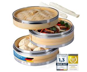 Dimono® Panier Vapeur Bambou 2 Étages avec Inox - Ø 20 cm | Cuiseur vapeur bambou renforcé inox, sans rouille - dim sum, légumes, riz, poisson - 2 étages avec couvercle