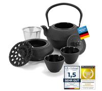 Service à thé en fonte Dimono noir – Théière de 1,3 L avec réchaud et 2 tasses (80 ml) – Fabriqué à la main, émaillé et doté d'une fine texture en relief