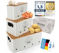 Dimono® Set de 3 Boîtes de Conservation Légumes - Couvercles Bambou | Pommes de terre, oignons & ail frais plus longtemps - boîtes empilables métal & bambou, design vintage