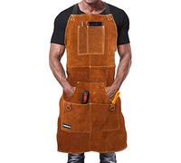 DIMWELD Tablier de Soudeur et Forgeron en Cuir Ignifugé avec 6 Poches | Vachette 1,4 mm, coutures résistantes à la chaleur, pour soudure, forge, atelier et barbecue, taille unique