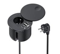 Dinolink Prise Encastrable, USB-C PD 65 W, 2 USB-A, Ø80 mm, Câble 2 m, Noir | 1 prise 250 V/16 A, USB-C PD 65 W, 2 USB-A 20 W, couvercle rotatif et câble 2 m pour bureau et plan de travail.