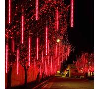 DINOWIN 10 Tubes 30CM LED Météore Pluie Lumineuses Guirlandes Solaire Lumineux Etanche Extérieur Douche Pluie Feux pour Noël Mariage Fête Soirée Maison Arbre Sapin Jardin (Rouge)