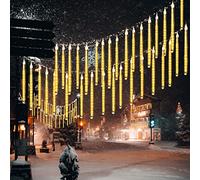 DINOWIN 10 Tubes 30CM LED Météore Pluie Lumineuses Guirlandes Solaire Lumineux Etanche Extérieur Douche Pluie Feux pour Noël Mariage Fête Soirée Maison Arbre Sapin Jardin (Blanc chaud)