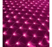 DINOWIN Guirlande Lumineuse Filet LED 1.5x1.5M 96LED Filet Lumineux Alimenté par Pile 8 Modes Imperméable rideau lumineux pour Noël Halloween Buissons Jardins Fete (Rose)
