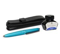 Set stylo plume Diplomat Aero turquoise clair avec étui en cuir et encre, épaisseur M