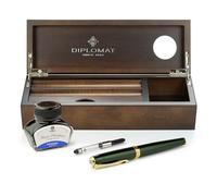 Coffret stylo plume Diplomat Excellence A2 Evergreen plaqué or, avec encre et étui à crayons en bois de wengé