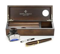 Diplomat Excellence A2 Marrakesh Gold, plume en acier inoxydable M, set de stylos à plume avec encre d'écriture dans un pot à encre, convertisseur d'encre et étui à stylos en bois de wenge