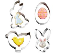 DIPZO Lot de 4 Emporte-pièces de Pâques en Acier Inoxydable, Moules à Biscuits Comprenant un Œuf, un Lapin, une Tête de Lapin et un Poussin