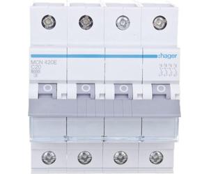 Disjoncteur de protection de circuit 4 pôles 6kA caractéristique C 20A 4 modules Hager MCN420