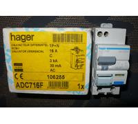 DISJONCTEUR DIFFERENTIEL BIPOLAIRE 16A 30mA HAGER, ADC716F. PC.3KA. 16AMPERES