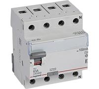 Disjoncteur différentiel Legrand type A, 10 kA, 63 A, 4 pôles, 100 mA, 1 pièce.