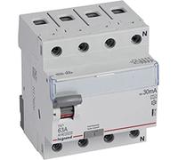 Disjoncteur différentiel Legrand type A, 10 kA, 63 A/4 pôles/30 mA, 1 pièce.