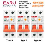 Disjoncteur électronique à courant résiduel, protection contre les fuites de courant court, chargeur EV, 2P, 30mA, AC A, type B, RCBO, RCCB, MCB