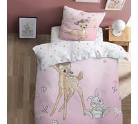 Disney Bambi Flowers Parure de Lit Enfant 1 Personne | 100% Coton | Oeko-TEX | Housse de Couette 140x200 cm + 1 Taie d'oreiller 63x63 cm | Imprimé Réversible Fille | Rose