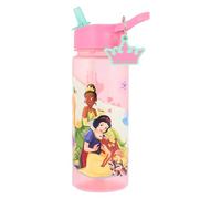 Disney Bouteille d'eau Princesse avec paille Rose 500 ml Polypropylène avec Blanche-Neige, Cendrillon, Tiana et Raiponce, avec breloque couronne porte-clés
