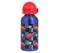 Disney Cars Flash McQueen Bouteille d'eau en aluminium avec couvercle rouge 400 ml Motif à carreaux bleus pour enfants de 48 mois et plus