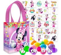 Disney Fournitures de chasse aux œufs de Pâques Minnie Mouse - Lot avec 12 œufs de Pâques en plastique à remplir, 70 tatouages, plus de 45 tatouages de printemps, mini sac panier | Ensemble de chasse