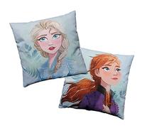 Disney Frozen 2 Sisters Coussin Double Face 40x40 cm | Enveloppe 100% Coton | Garnissage 100% Polyester | Imprimé Fille La Reine des Neiges Elsa Anna | Bleu Ciel