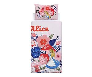 Disney Home Alice au pays des merveilles Parure de lit réversible double face, 100 % coton, taille simple, 2 pièces, 135 x 200 cm + 50 x 70 cm